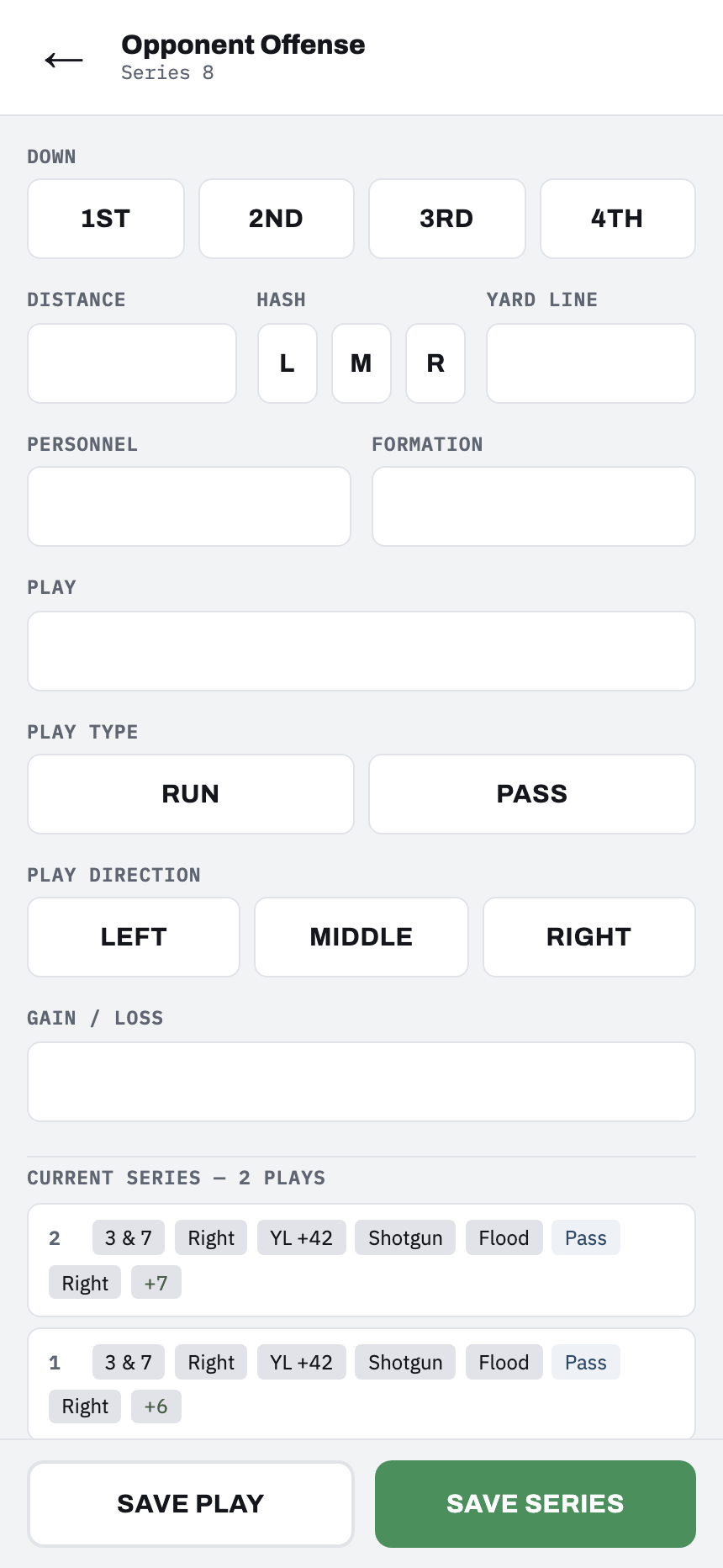 Opponent offense play-entry screen